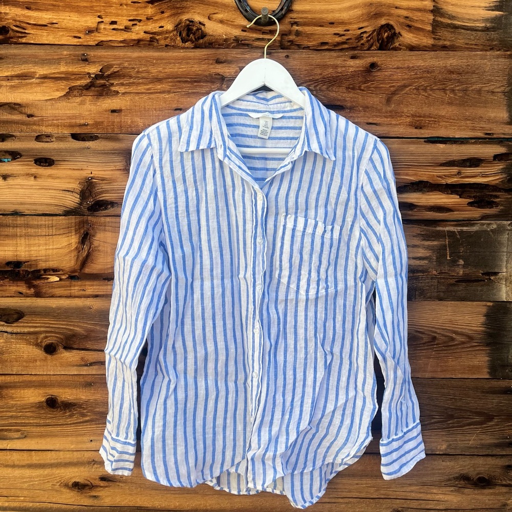 H&M | Linen Blue Stripe Button Down Shirt S